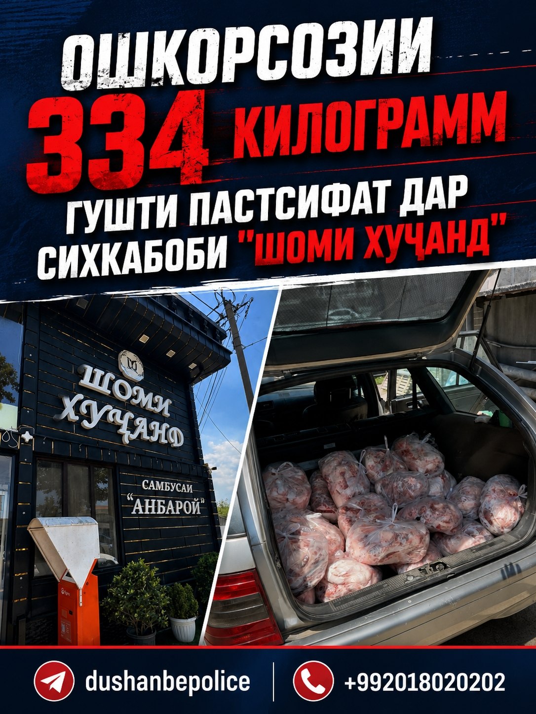 在杜尚别一家烤肉店查获了 334 公斤劣质肉。